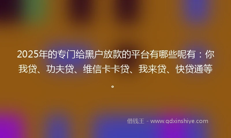 2025年的专门给黑户放款的平台有哪些呢有：你我贷、功夫贷、维信卡卡贷、我来贷、快贷通等。