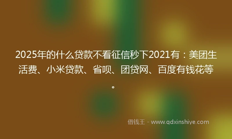 2025年的什么贷款不看征信秒下2021有：美团生活费、小米贷款、省呗、团贷网、百度有钱花等。