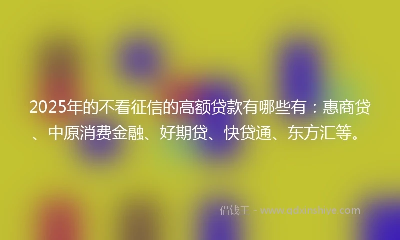 2025年的不看征信的高额贷款有哪些有：惠商贷、中原消费金融、好期贷、快贷通、东方汇等。