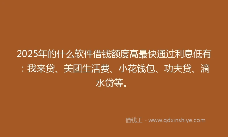 2025年的什么软件借钱额度高最快通过利息低有：我来贷、美团生活费、小花钱包、功夫贷、滴水贷等。