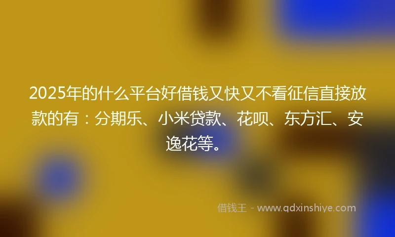 2025年的什么平台好借钱又快又不看征信直接放款的有：分期乐、小米贷款、花呗、东方汇、安逸花等。