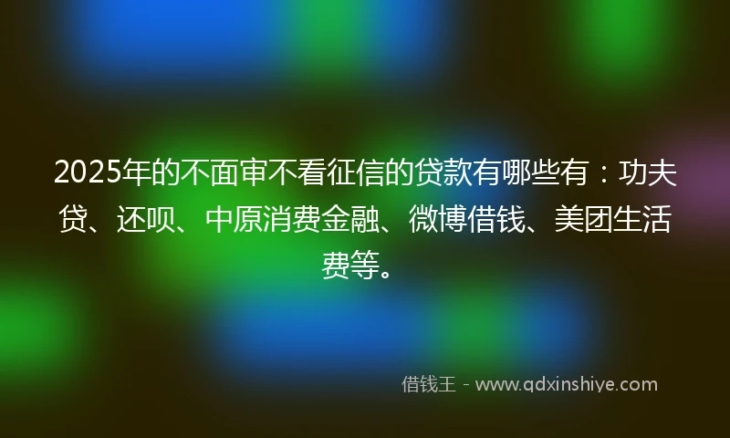 2025年的不面审不看征信的贷款有哪些有：功夫贷、还呗、中原消费金融、微博借钱、美团生活费等。