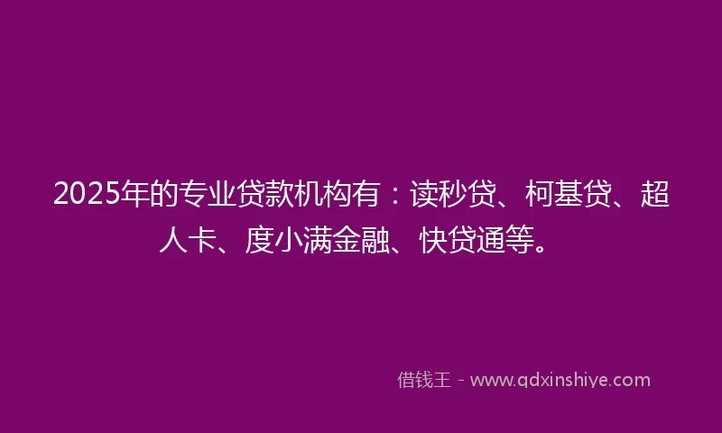 2025年的专业贷款机构有：读秒贷、柯基贷、超人卡、度小满金融、快贷通等。