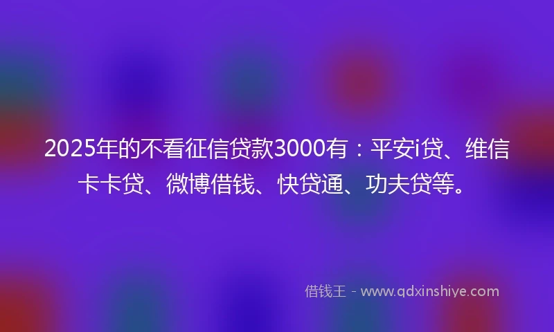 2025年的不看征信贷款3000有：平安i贷、维信卡卡贷、微博借钱、快贷通、功夫贷等。