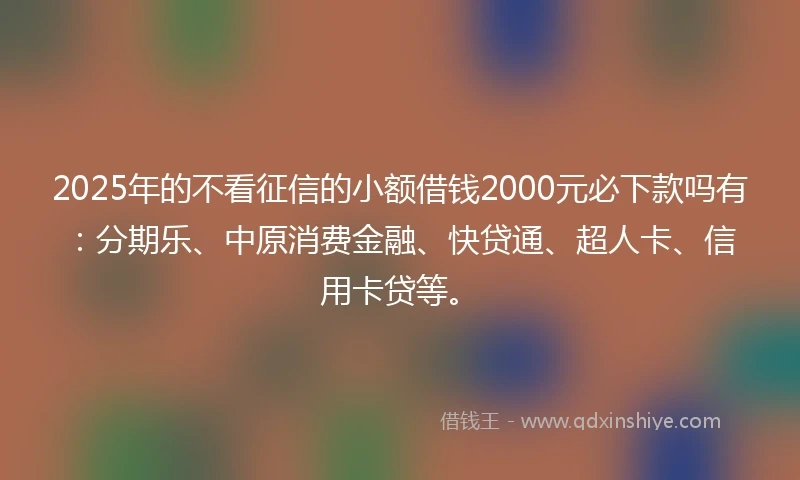 2025年的不看征信的小额借钱2000元必下款吗有：分期乐、中原消费金融、快贷通、超人卡、信用卡贷等。