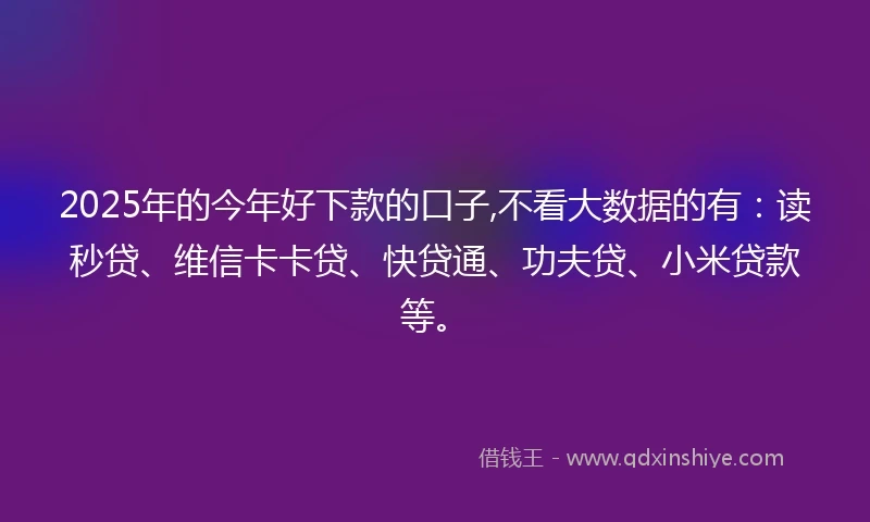 2025年的今年好下款的口子,不看大数据的有：读秒贷、维信卡卡贷、快贷通、功夫贷、小米贷款等。