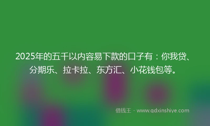 2025年的五千以内容易下款的口子有：你我贷、分期乐、拉卡拉、东方汇、小花钱包等。