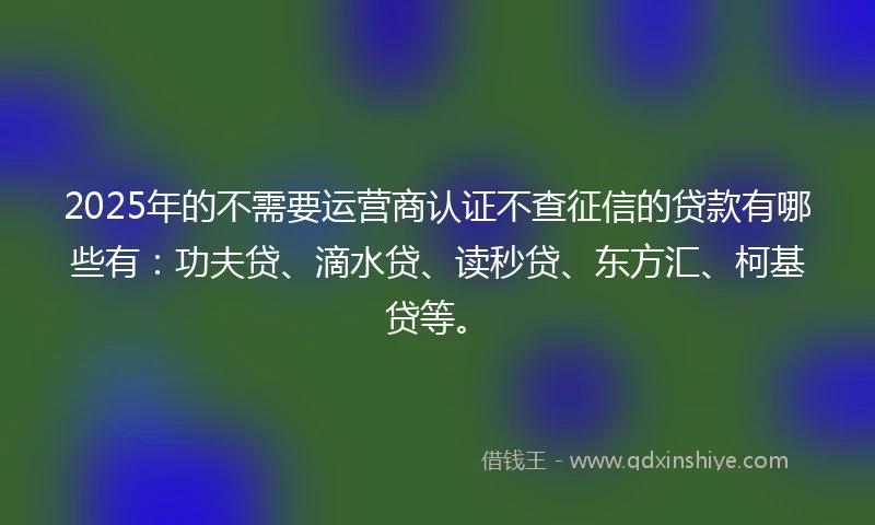 2025年的不需要运营商认证不查征信的贷款有哪些有：功夫贷、滴水贷、读秒贷、东方汇、柯基贷等。