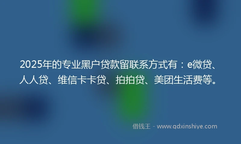 2025年的专业黑户贷款留联系方式有：e微贷、人人贷、维信卡卡贷、拍拍贷、美团生活费等。