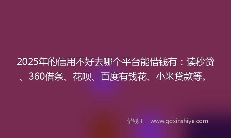 2025年的信用不好去哪个平台能借钱有：读秒贷、360借条、花呗、百度有钱花、小米贷款等。