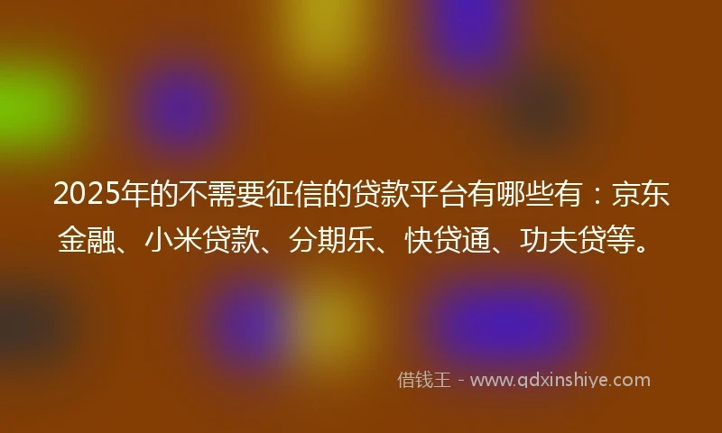 2025年的不需要征信的贷款平台有哪些有：京东金融、小米贷款、分期乐、快贷通、功夫贷等。
