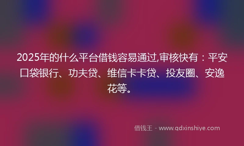 2025年的什么平台借钱容易通过,审核快有：平安口袋银行、功夫贷、维信卡卡贷、投友圈、安逸花等。