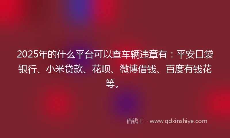 2025年的什么平台可以查车辆违章有：平安口袋银行、小米贷款、花呗、微博借钱、百度有钱花等。