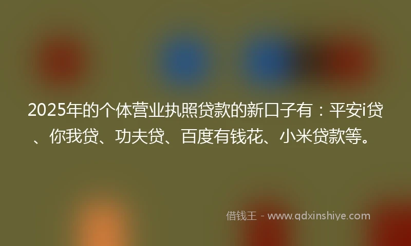 2025年的个体营业执照贷款的新口子有：平安i贷、你我贷、功夫贷、百度有钱花、小米贷款等。