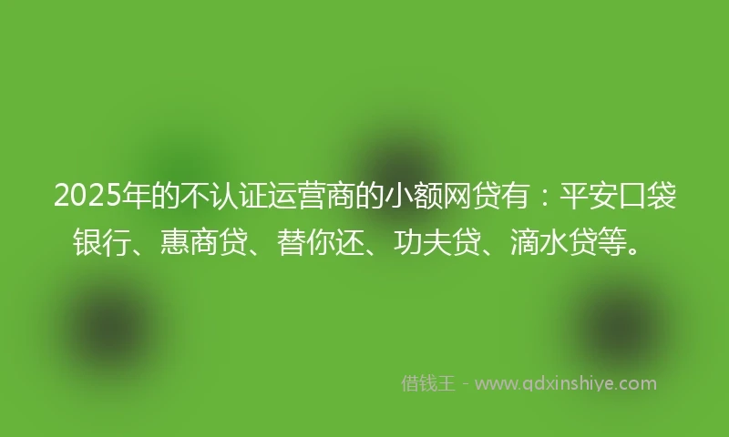 2025年的不认证运营商的小额网贷有：平安口袋银行、惠商贷、替你还、功夫贷、滴水贷等。