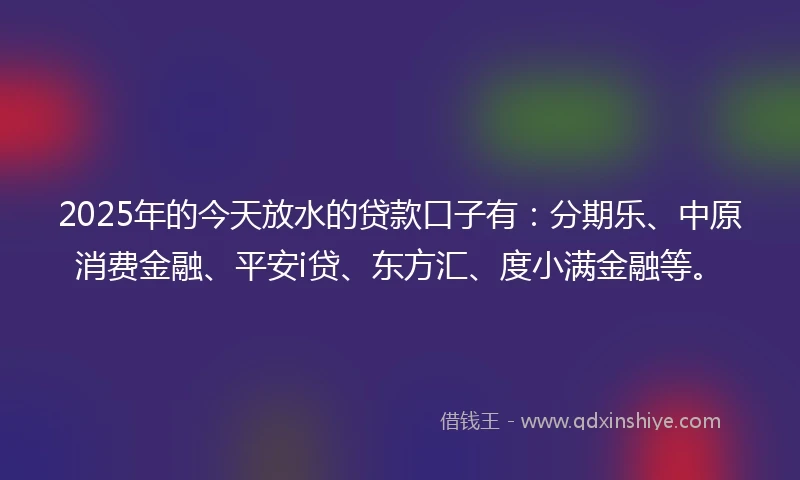 2025年的今天放水的贷款口子有：分期乐、中原消费金融、平安i贷、东方汇、度小满金融等。