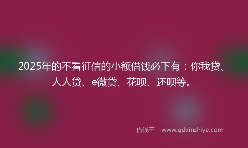 2025年的不看征信的小额借钱必下有：你我贷、人人贷、e微贷、花呗、还呗等。