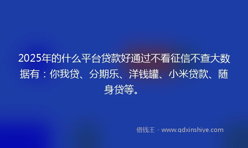 2025年的什么平台贷款好通过不看征信不查大数据有：你我贷、分期乐、洋钱罐、小米贷款、随身贷等。