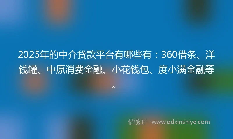 2025年的中介贷款平台有哪些有：360借条、洋钱罐、中原消费金融、小花钱包、度小满金融等。