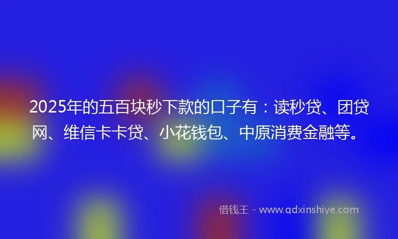 2025年的五百块秒下款的口子有：读秒贷、团贷网、维信卡卡贷、小花钱包、中原消费金融等。