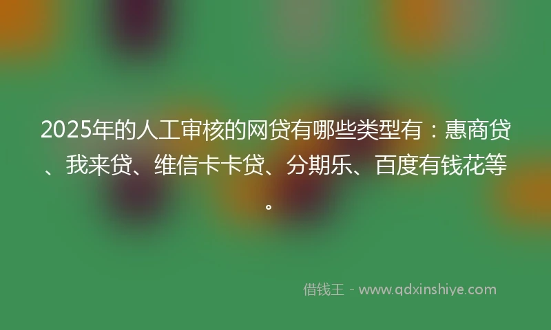 2025年的人工审核的网贷有哪些类型有：惠商贷、我来贷、维信卡卡贷、分期乐、百度有钱花等。