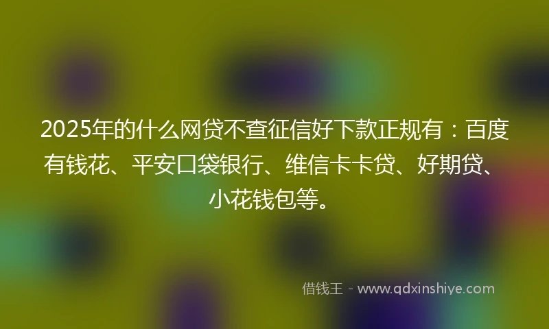 2025年的什么网贷不查征信好下款正规有：百度有钱花、平安口袋银行、维信卡卡贷、好期贷、小花钱包等。