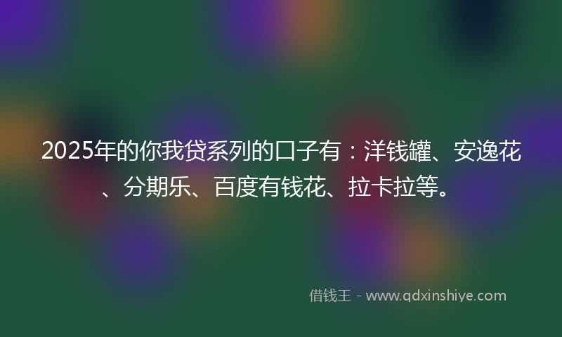 2025年的你我贷系列的口子有：洋钱罐、安逸花、分期乐、百度有钱花、拉卡拉等。