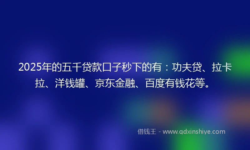 2025年的五千贷款口子秒下的有：功夫贷、拉卡拉、洋钱罐、京东金融、百度有钱花等。