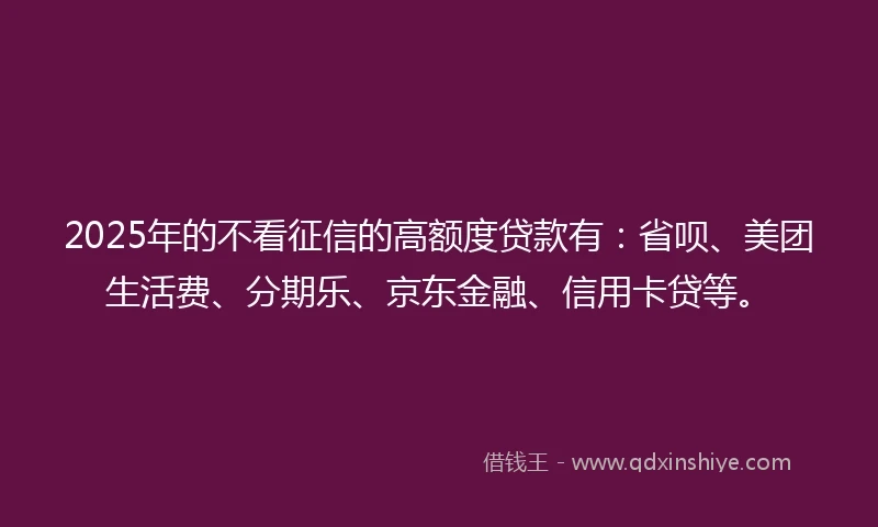2025年的不看征信的高额度贷款有：省呗、美团生活费、分期乐、京东金融、信用卡贷等。
