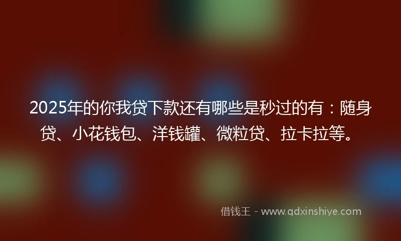 2025年的你我贷下款还有哪些是秒过的有：随身贷、小花钱包、洋钱罐、微粒贷、拉卡拉等。