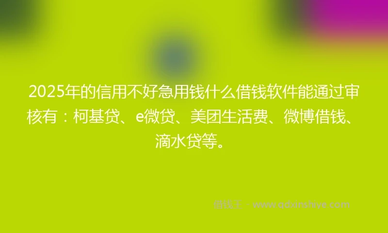 2025年的信用不好急用钱什么借钱软件能通过审核有：柯基贷、e微贷、美团生活费、微博借钱、滴水贷等。