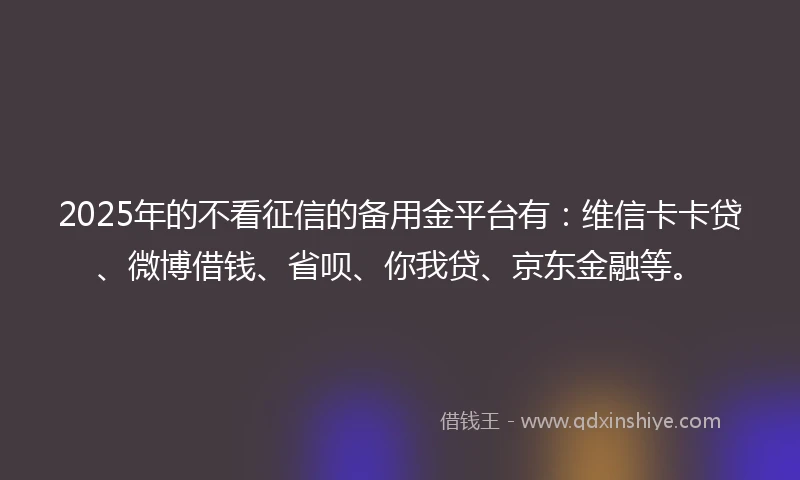 2025年的不看征信的备用金平台有：维信卡卡贷、微博借钱、省呗、你我贷、京东金融等。