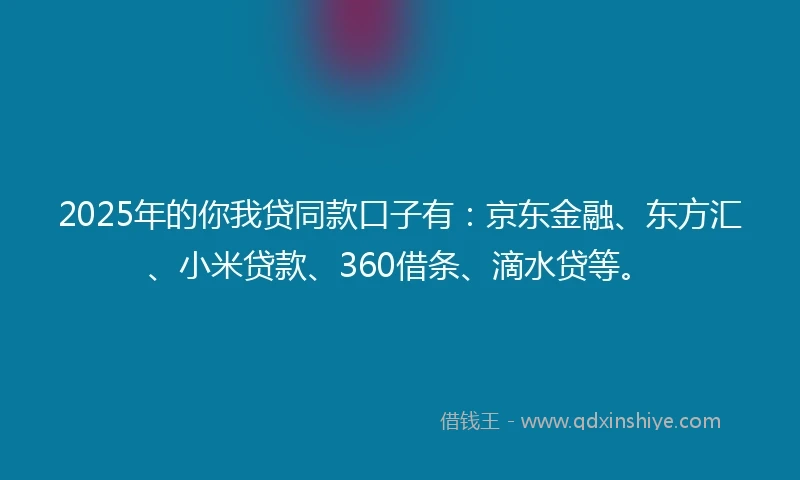 2025年的你我贷同款口子有：京东金融、东方汇、小米贷款、360借条、滴水贷等。