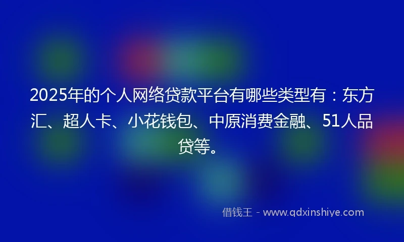 2025年的个人网络贷款平台有哪些类型有：东方汇、超人卡、小花钱包、中原消费金融、51人品贷等。