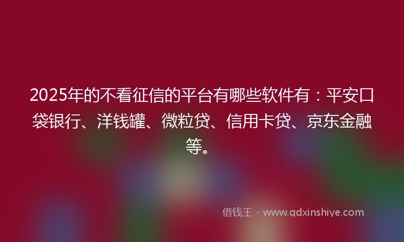 2025年的不看征信的平台有哪些软件有：平安口袋银行、洋钱罐、微粒贷、信用卡贷、京东金融等。