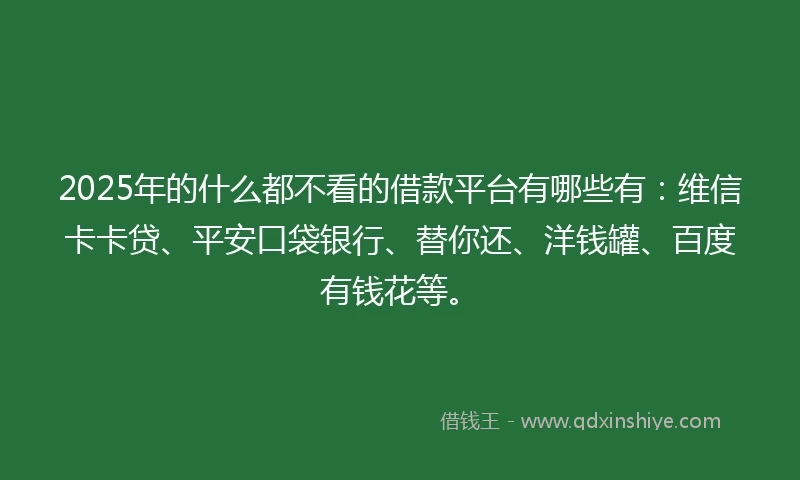 2025年的什么都不看的借款平台有哪些有：维信卡卡贷、平安口袋银行、替你还、洋钱罐、百度有钱花等。
