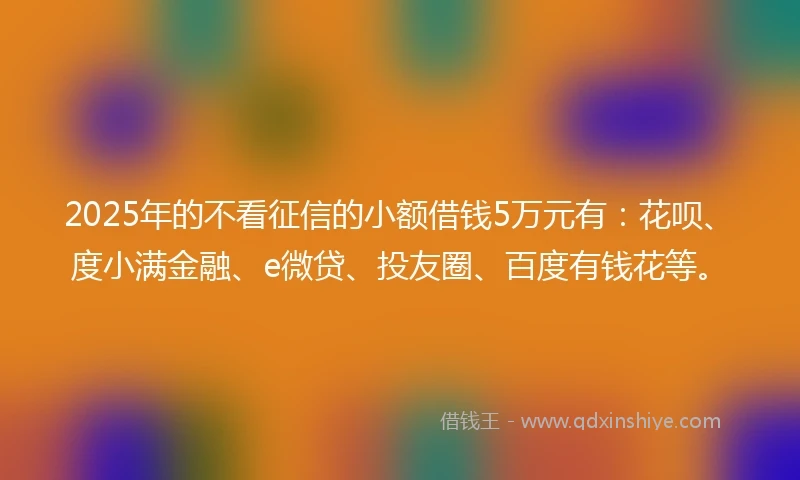 2025年的不看征信的小额借钱5万元有：花呗、度小满金融、e微贷、投友圈、百度有钱花等。