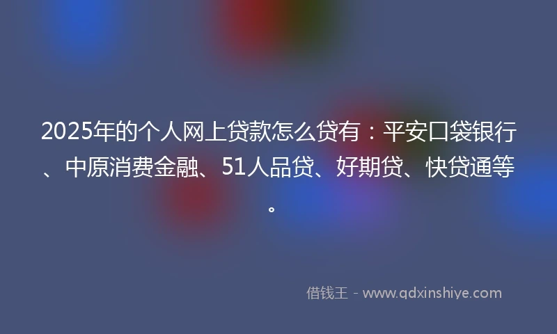 2025年的个人网上贷款怎么贷有：平安口袋银行、中原消费金融、51人品贷、好期贷、快贷通等。