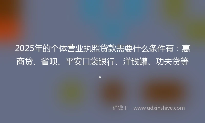 2025年的个体营业执照贷款需要什么条件有：惠商贷、省呗、平安口袋银行、洋钱罐、功夫贷等。