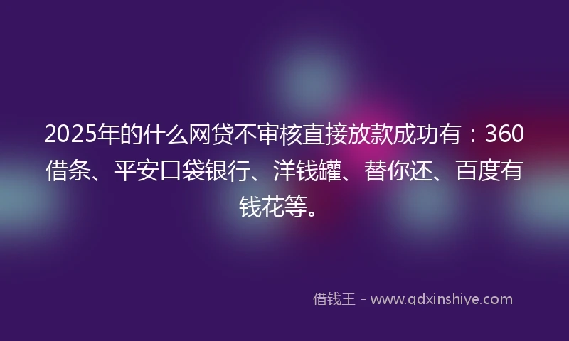 2025年的什么网贷不审核直接放款成功有：360借条、平安口袋银行、洋钱罐、替你还、百度有钱花等。
