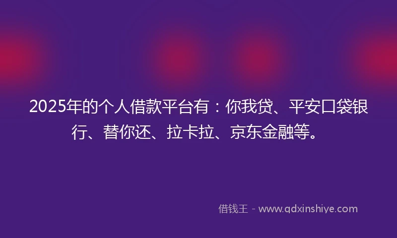 2025年的个人借款平台有：你我贷、平安口袋银行、替你还、拉卡拉、京东金融等。