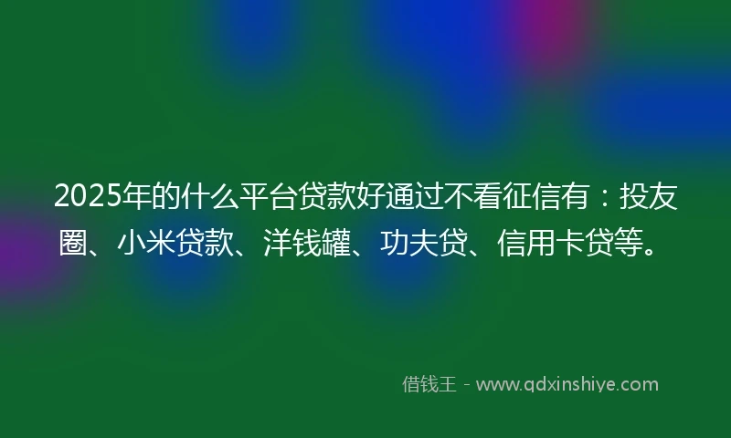 2025年的什么平台贷款好通过不看征信有：投友圈、小米贷款、洋钱罐、功夫贷、信用卡贷等。