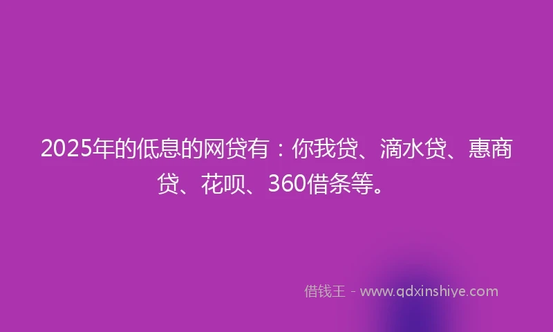 2025年的低息的网贷有：你我贷、滴水贷、惠商贷、花呗、360借条等。