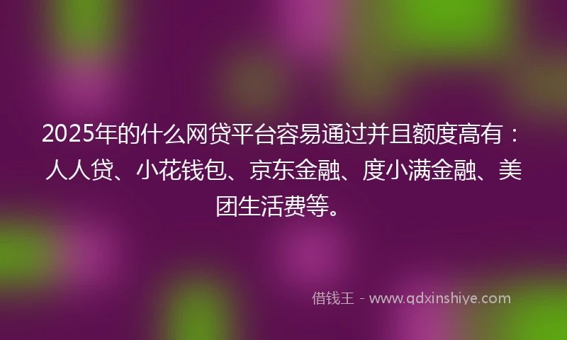 2025年的什么网贷平台容易通过并且额度高有：人人贷、小花钱包、京东金融、度小满金融、美团生活费等。