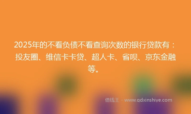 2025年的不看负债不看查询次数的银行贷款有：投友圈、维信卡卡贷、超人卡、省呗、京东金融等。