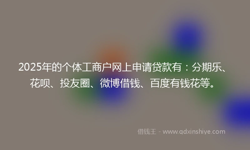 2025年的个体工商户网上申请贷款有:分期乐、花呗、投友圈、微博借钱、百度有钱花等。