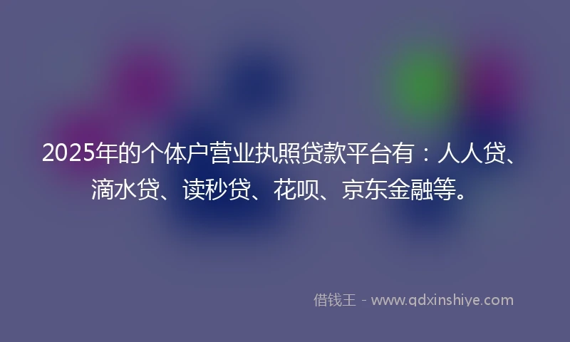 2025年的个体户营业执照贷款平台有：人人贷、滴水贷、读秒贷、花呗、京东金融等。