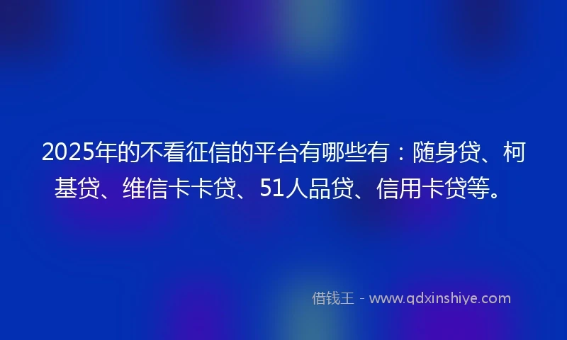 2025年的不看征信的平台有哪些有：随身贷、柯基贷、维信卡卡贷、51人品贷、信用卡贷等。