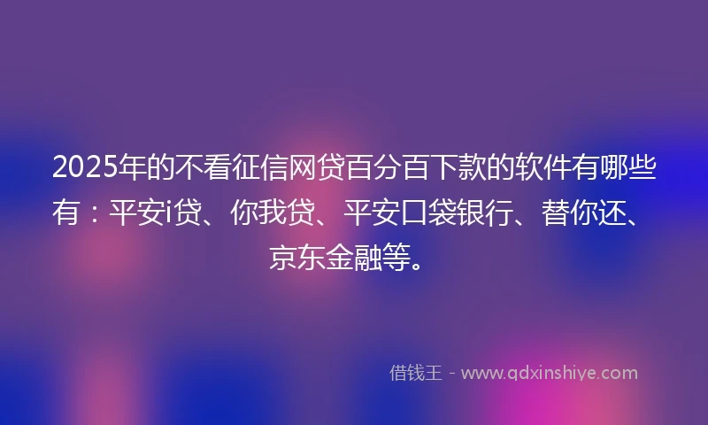 2025年的不看征信网贷百分百下款的软件有哪些有：平安i贷、你我贷、平安口袋银行、替你还、京东金融等。