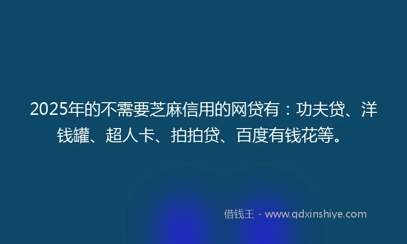 2025年的不需要芝麻信用的网贷有：功夫贷、洋钱罐、超人卡、拍拍贷、百度有钱花等。